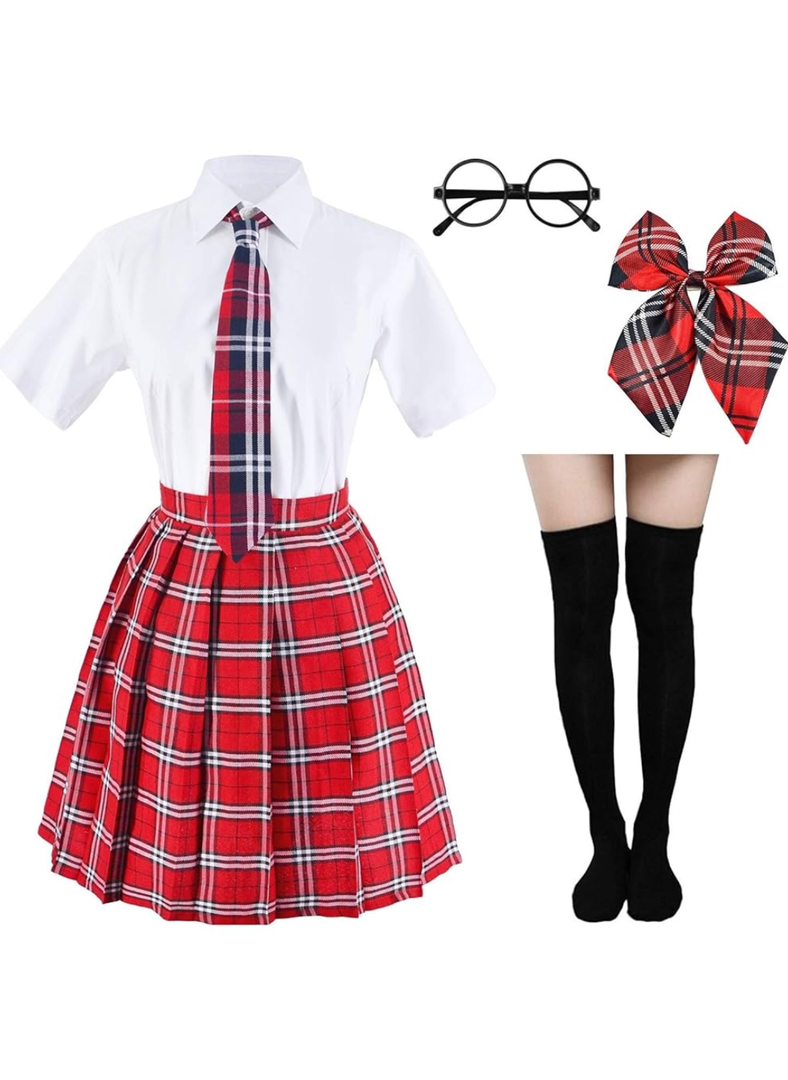 Japanese Tartan Pleated School Uniform Cosplay Costumes with Socks Eyeglass Frame Set, XXL