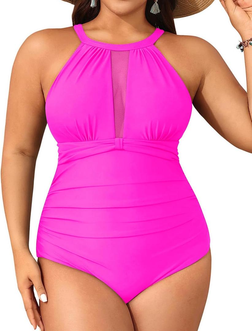 Aqua Eve Women Plus Size One Piece Bathing Suits Ruched Tummy Control Swimsuit High Neck Mesh Swimwear Hot Pink, 18W