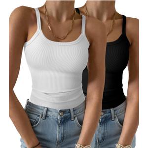 GKBK Womens Sleeveless Tank Top Form Fitting Spaghetti Strap Scoop Neck Ribbed Knit Basic Cami Layering Shirts, Black White M