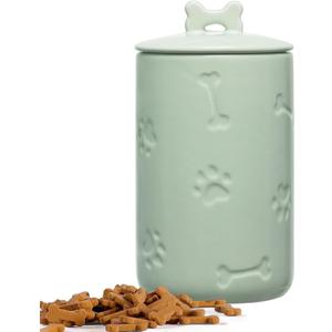 Dog Treat Container Airtight - 9"x5" Green Large Ceramic Dog Treat Jar for Kitchen Counter, Dog Cookie Jar with Lid - Farmhouse Style Dog Food Storage Container for Dogs, Cats, Pets
