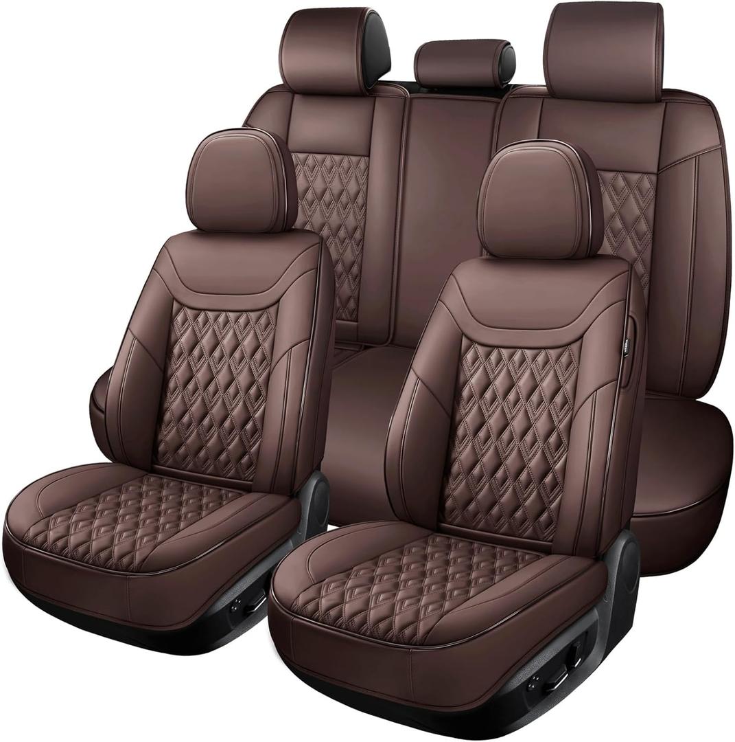 Car Seat Covers, Universal Faux Leather Car Seat Covers Full Set, 5 Seats Comfortable Leather Seat Covers for Cars, Waterproof Automotive Seat Covers for Most Sedans, SUV (Brown)