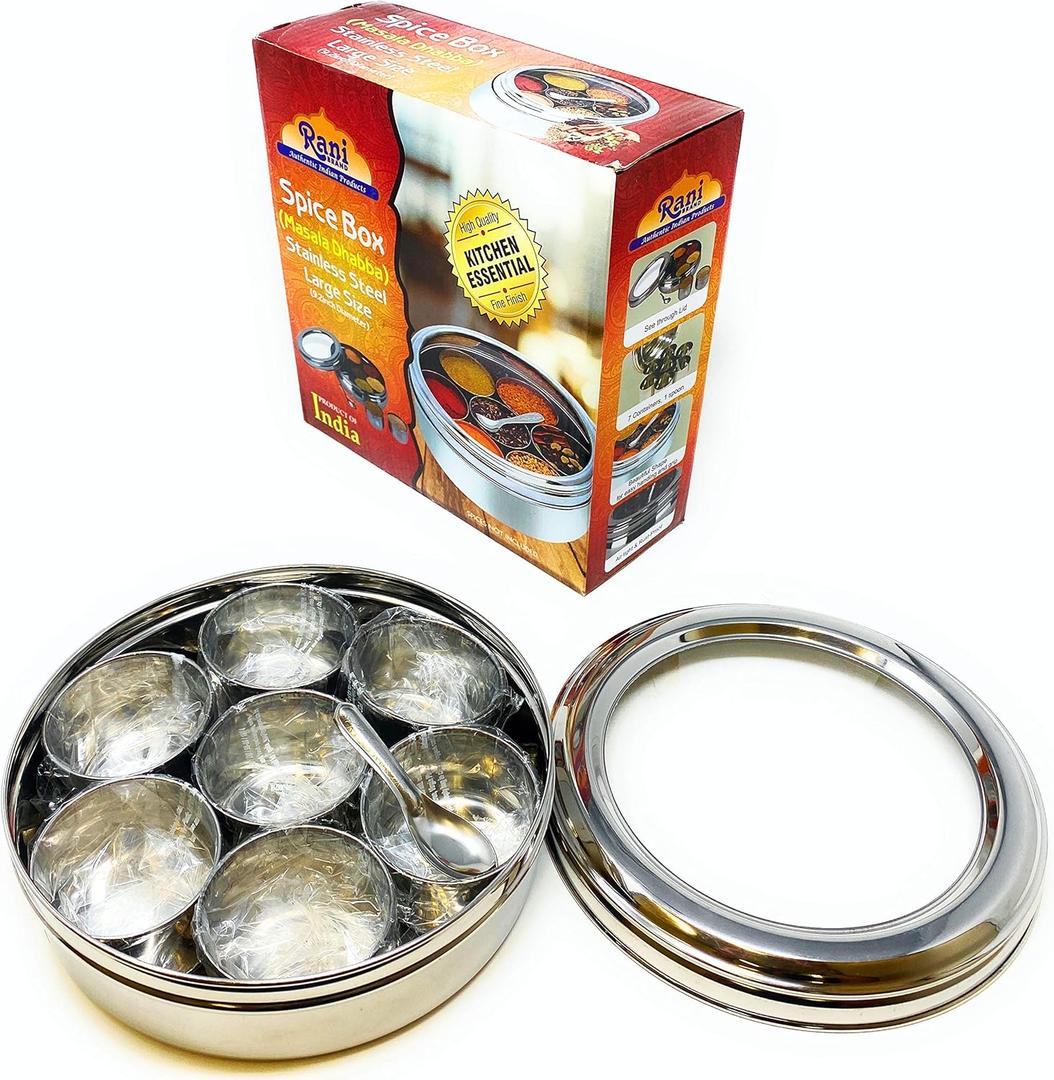 Rani Spice Box (7.5in x 2.8in) Stainless Steel Transparent Round Storage For Spices (Masala Dabba) 7 Compartments, with spoon ~ Packed in an attractive box, perfect for gifts!