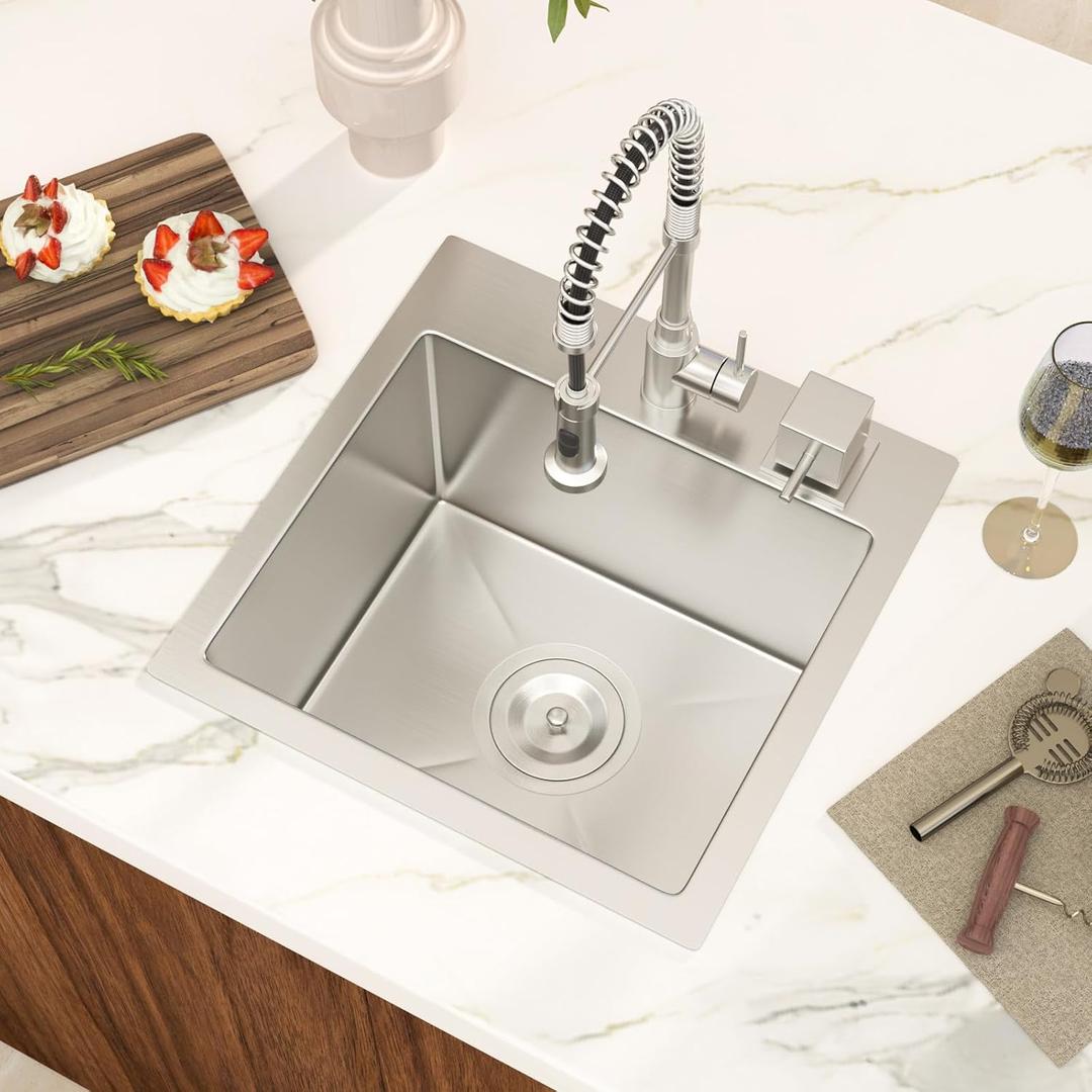 15x15 Inch Bar Sink Single Bowl Drop In Stainless Steel Sink, 15"x15"x9"