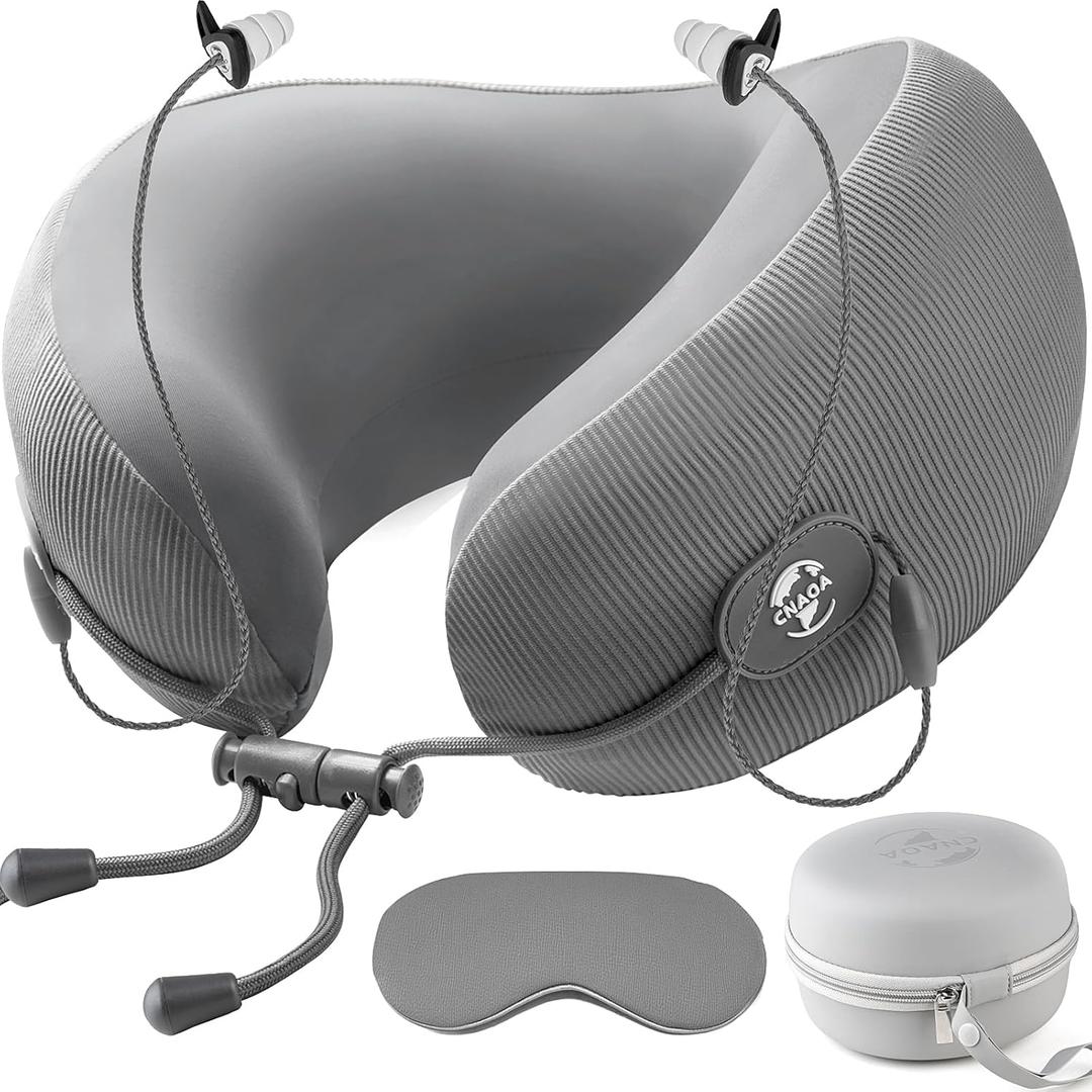Travel Pillow for Airplanes, Neck Pillow eases Neck and Shoulder Pain on Long Flights, Adaptive Memory Foam Sleep Support, Portable Carry Case, Eye Mask and Earplugs Travel Set(Grey I)
