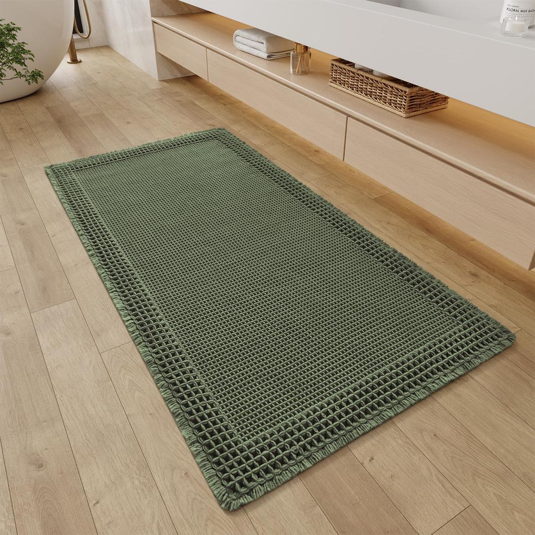 RESARE Christmas Waffle Bathroom Runner Rugs, Super Absorbent Bath Mat Non Slip Washable Quick Dry, Upgraded Ultra Soft Boho Bath Rugs with Tassels for Bedroom Laundry Room, 2'x4'(24"x48"), Green