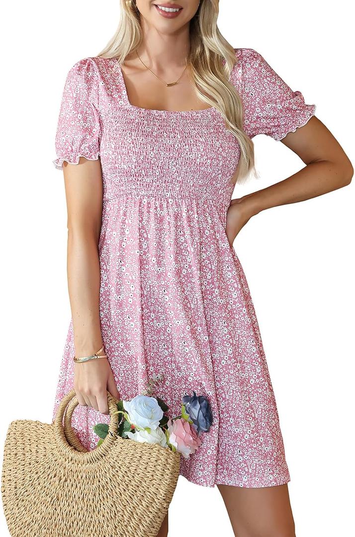 Naggoo Women's Summer Dresses Short Puff Sleeve Casual Square Neck Floral Print Smocked A Line Flowy Beach Sun Dresses