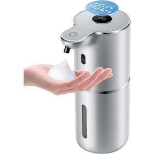 Automatic Foaming Soap Dispenser 12.8oz, Rechargeable & 6 Levels Foaming Adjustable with Digital Display, Wall Mount, Waterproof, Touchless Hand/Dish Soap Dispenser for Kitchen, Bathroom, Hotel (Silver)