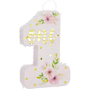 BLUE PANDA 1st Birthday Pinata for Girl - Pink Floral Number 1-16.5 x 11 x 3 in - Gold Foil One & Hibiscus Print - Holds 2 lbs Candy & Favors - Easy-Fill Opening - 1 Pinata
