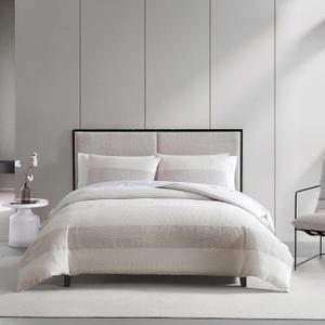 Vera Wang - King Comforter Set, Premium Cotton Bedding Set with Matching Shams, Chic Room Essentials, Oeko-Tex Certified (Chenille Waffle Stripe Beige, King)