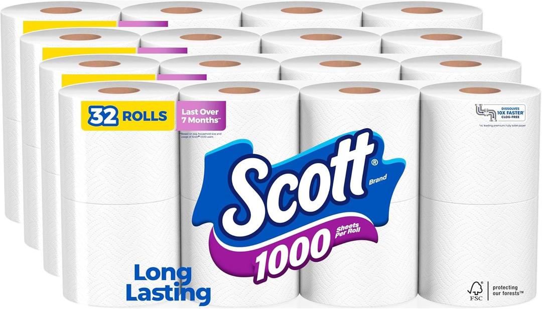 Scott 1000 Toilet Paper, 32 Rolls, Septic-Safe, 1-Ply Toilet Tissue