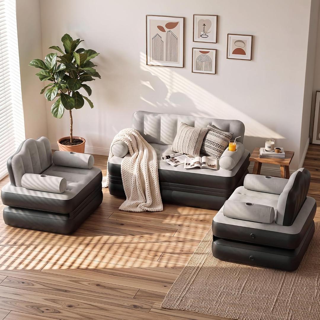 YITAHOME 3-Pc Air Sofa Bed Set with Pump, Queen and 2 Twin, Gray