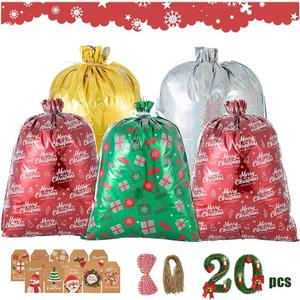 OOOPEL Large Christmas Gift Bags with Drawstring Jumbo Reusable Christmas Gift Bags Convenient Plastic Gift Bags Christmas Big Christmas Bags for Gifts and Presents in Assorted Large Sizes (20Pcs-Large sized)