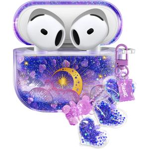 Coralogo for Apple for Airpods 4 Case - Women Girls Cute Girly Kawaii 4th Generation for Airpods Cover Glitter Liquid Sparkle Purple Moon Hard Shell Keychain Funda Estuche Forro para Airpod 4 Gen