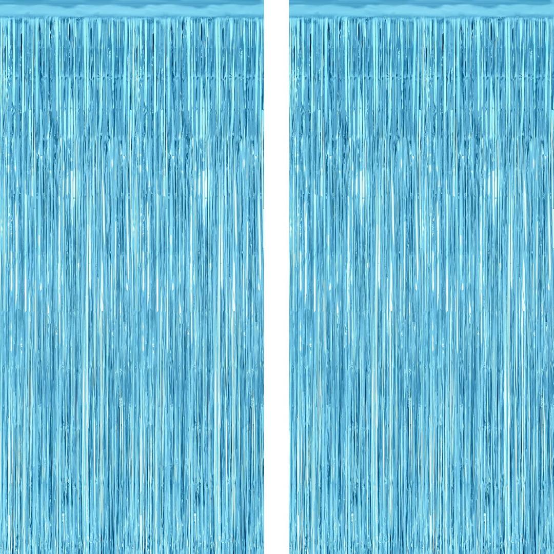 2 x 2 Pack Backdrop Curtains, 3.28 Feet x 7.05 Feet Sky Blue Tinsel Backdrop, Metallic Fringe Curtains Foil Tinsel Party Streamer, Winter Backdrop Happy Birthday Party Supplies