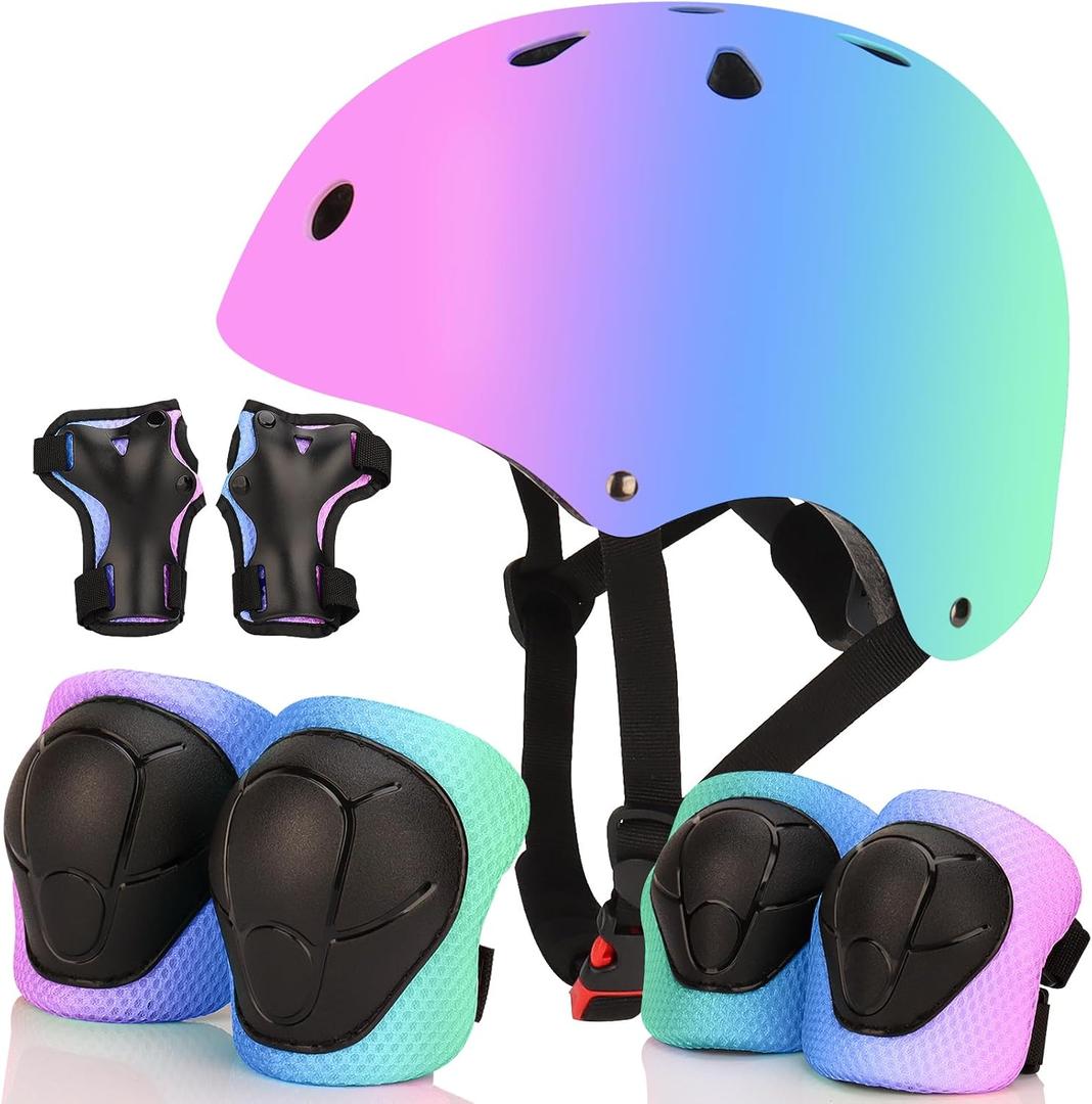 Color Gradient Adjustable Bike Helmet with Knee and Elbow Pads - Kids Toddler Boys and Girls Skateboard Helmet for Ages 3-14 | Ideal for Riding, Scooters, Inline Skating, Longboarding, Roller Skating (Purple Blue Green)