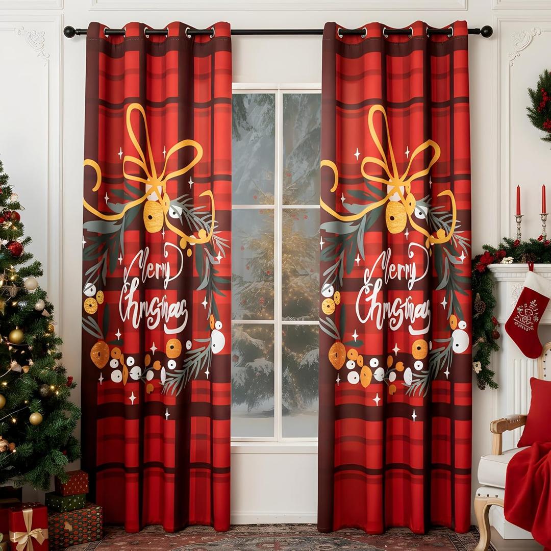 LOSIVISHE Christmas Blackout Curtains 80% Light Blocking, Thermal Insulated Festive Drapes for Living Room and Bedroom, Holiday Decorative Curtains, Set of 2 Panels, 52 x 63 Inches, Plaid