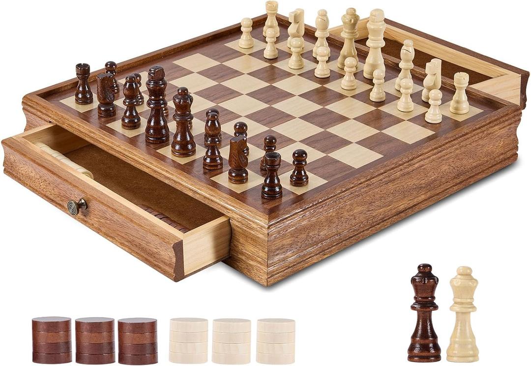 VEVOR Solid Wood Chess Set, 15 inch 2-in-1 Chess Checkers Game Set, Chess Board Games with Storage Drawer & Weighted Chess Checkers Pieces & 2 Queens, Christmas Crafts Xmas Gift (Brown)
