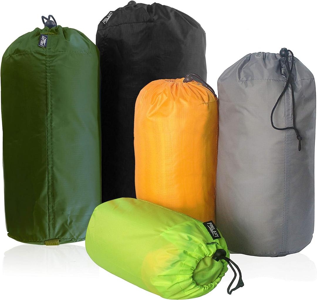 Frelaxy Stuff Sack Set 5-Pack (3L&5L&9L&15L&20L), Ultralight Ditty Bags with Dust Flap for Traveling Hiking Backpacking (Neon Green & Orange& Gray& Army Green & Black)