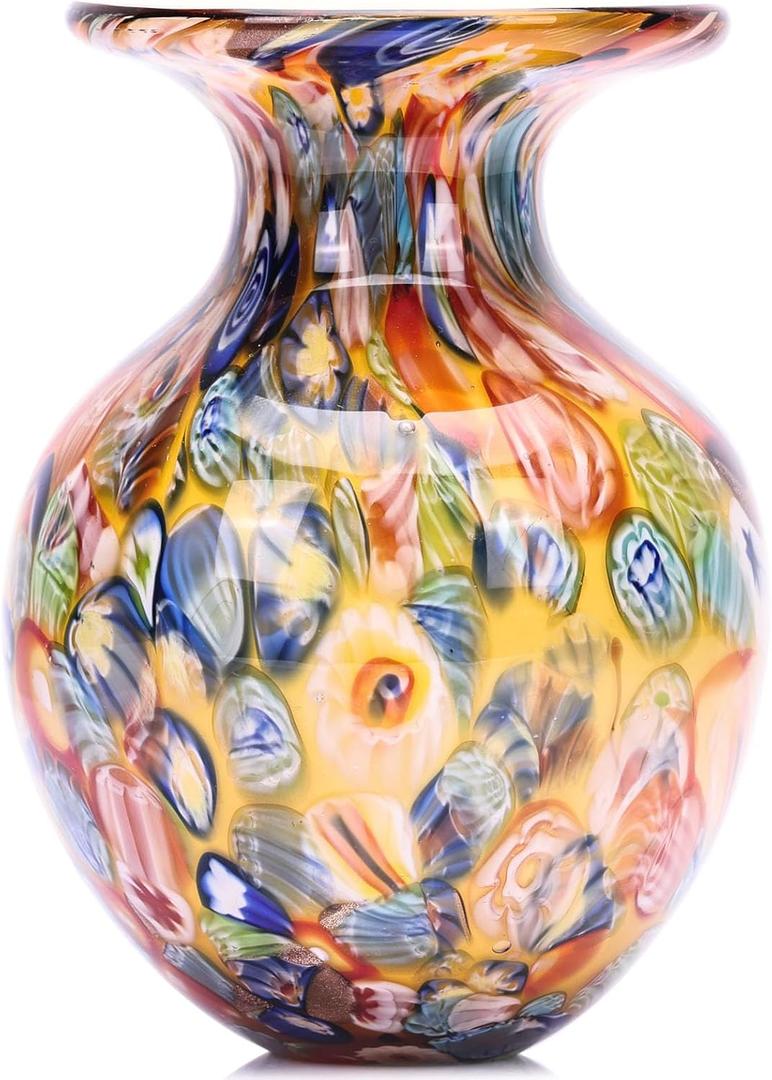 Yellow Orange Round Glass Vase,Modern Art Sea Glass Decor with Colorful Petal Decorative for Home Decor,Hand Blown Stained Vase for Flowers Living Room Dining Tabletop Centerpiece Office Decor