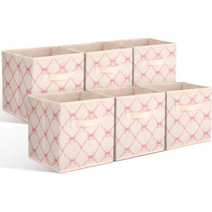 Geelin 6 Pcs Beige Bow Cube Storage Bins 13 Inch Storage Basket with Handle, Girls Organizer Basket, Collapsible Fabric Box for Classroom Bedrooms Office Home Decoration Gift (33*33*33cm, Pink)