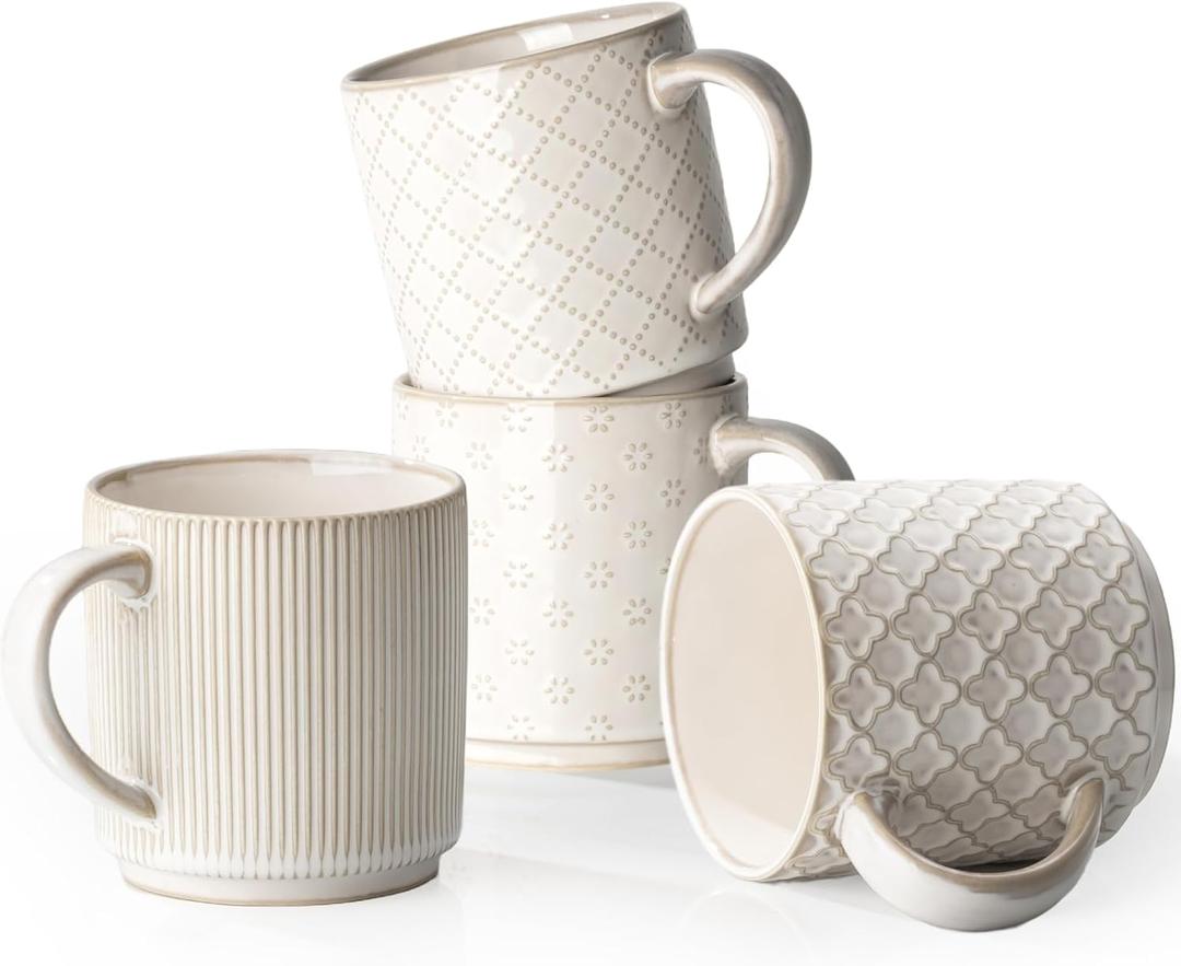 getstar 16oz Large Ceramic Coffee Mugs Set of 4 with Big Handles, Aesthetic Stackable Coffee Cups Stoneware Mug with Embossed Design for Coffee, Tea, Latte, Cappuccino, Dishwasher&Microwave Safe