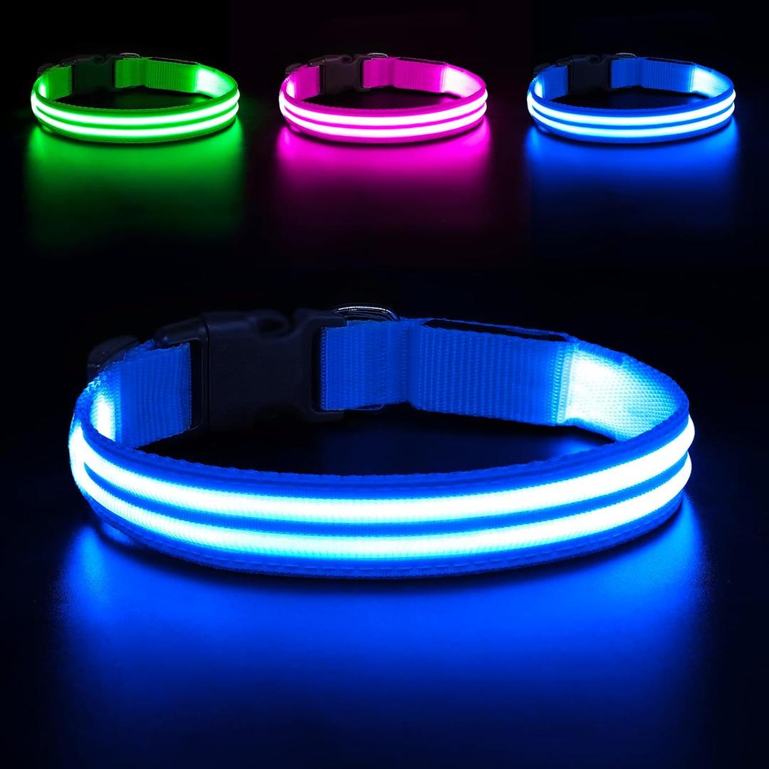 BSEEN Light Up Dog Collar, LED Dog Collar Rechargeable Reflective Puppy Collar Adjustable Pet Necklace Safety Dog Lights for Night Walking (Blue, Small)