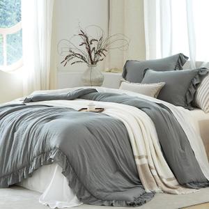 Grey Ruffle Comforter Set King, Pre-Washed Shabby Chic Bedding Set, Lightweight Cottagecore Soft Romantic Cozy 1 Comforter & 2 Shams, All-Season