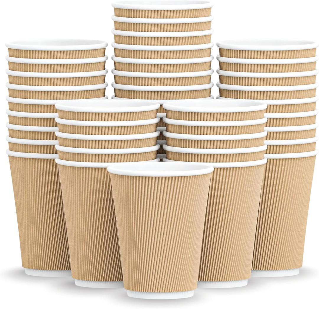 12 oz Disposable Coffee Cup 100 cups Pack of Brown Triple Wall Ripple Cups, Insulated Hot Paper Cups, No Sleeve Needed, Heavy Duty Leak Resistant To Go Cups for Coffee, Tea, Office & Catering