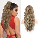 FLUFYMOOZ Ponytail Extension, 22 Inch Drawstring Ponytail Hair Extensions for Women Long Curly Wavy Ponytail Natural Wavy Synthetic Hairpiece for Women (22 Inch Medium Brown Ash Blonde)