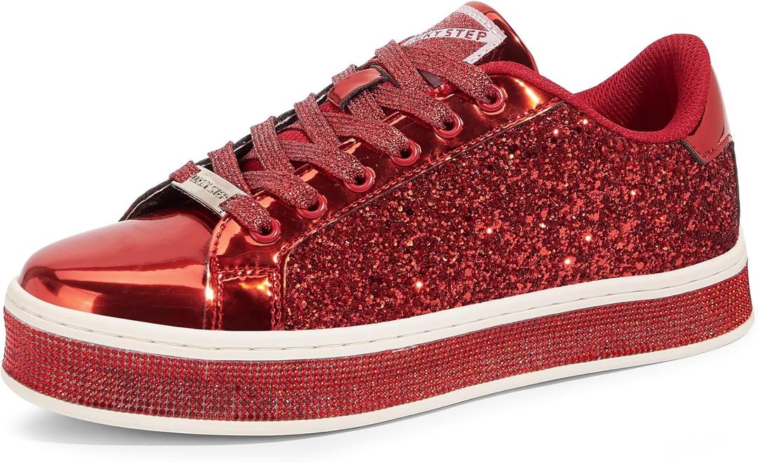 LUCKY STEP Women's Platform Glitter Sneakers | Sparkly Bling Shiny Dressy Bedazzled Wedding Bridal Fashion Walking Shoes (9, Red)