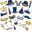 Zonon 24 Pcs Funny Photo Booth Props Class of 2026 Graduation Birthday Wedding Family Class Reunion Prom Disco Party Celebration Decoration Supplies Mix of Hats, Lipstick, Tie(Gold and Navy Blue)