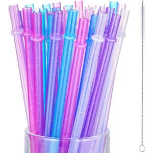 50 Pieces Glitter Reusable Straws Plastic 9 Inch Clear Drinking Straws Hard Plastic for 16 oz 20 oz Stanley with Cleaning Brush, 6 Colors
