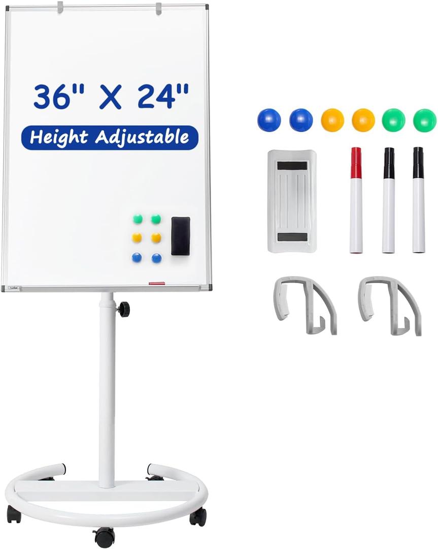 Mobile Whiteboard, 36x24 Inches White Board on Wheels, Height Adjustable Dry Erase Board with Stand, Easel Style Magnetic Standing Whiteboard for School Classroom Office Home Teacher Homeschooling