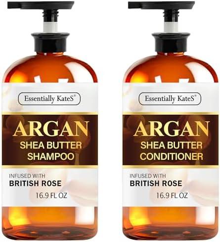 Essentially KateS Argan Shea Butter Shampoo and Conditioner Infused with Rose Extract 16 Fl Oz Set, Pack of 2 - Long Lasting Moisturizing Effect - Curly and Wavy Hair