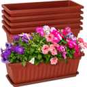 6 Packs Window Box Planter, 17 Inches Flower Window Box Rectangular Plastic Vegetable Planters with Trays for Windowsill, Patio, Garden, Balcony, Brick Red