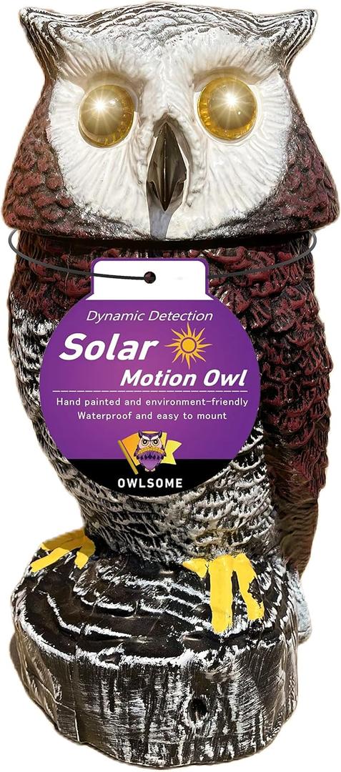 Owlsome Solar Red Owl with Flashing Eyes, Rotating Head, Hooting, Motion Detector and Silent Mode, Plastic Owl Garden Sculpture, Garden Decoration