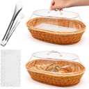 Rattan Bread Baskets, 2 Pack, Oval Woven Baskets with Acrylic Lids, 15.75 x 11.81 inches, Stainless Steel Tongs, Lace Doilies, for Bread, Fruit, Food Display