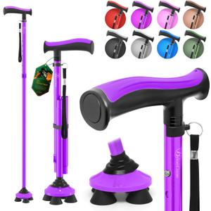 BeneCane Walking Cane for Men & Women Walking Stick for Seniors Folding Canes Quad Cane Adjustable Lightweight Sturdy Collapsible Heavy Duty with Soft TPR T-Handle and Travel Bag (Purple)