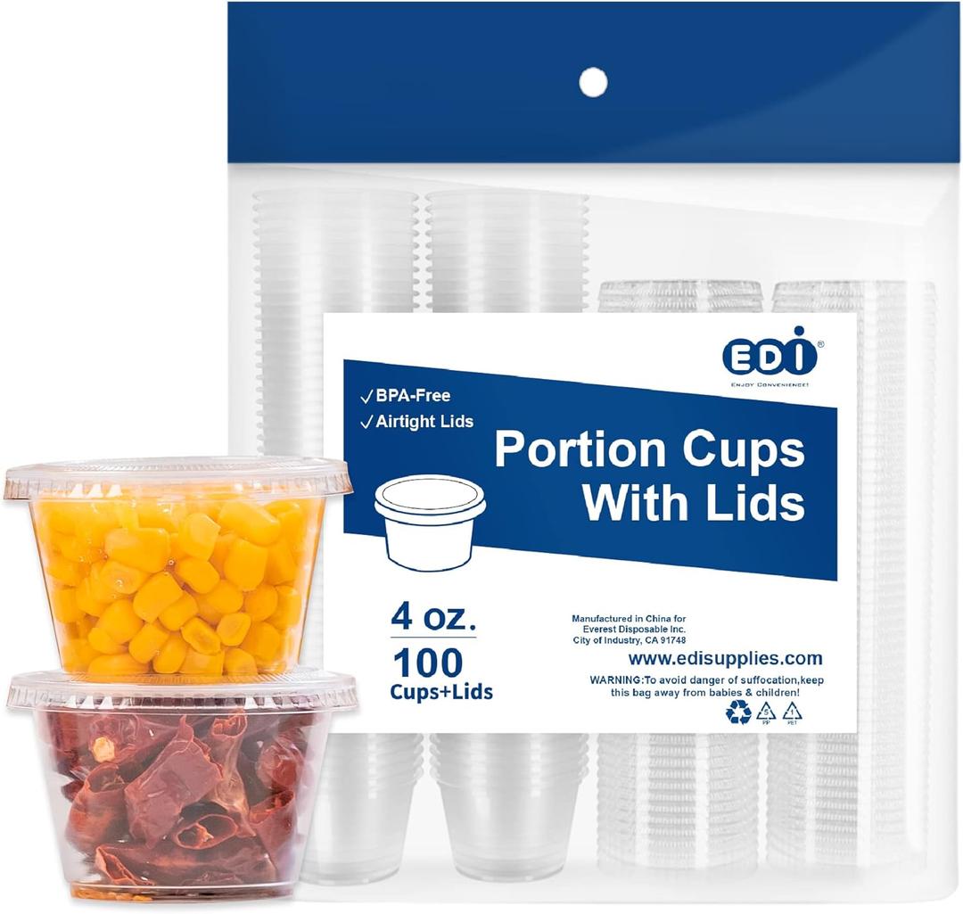 EDI [4 OZ, 100 Sets] Clear Disposable Plastic Portion Cups with Leakproof Lids for Condiment and Dipping Sauce | Jello Shot/Souffle Cups| BPA Free | Recyclable