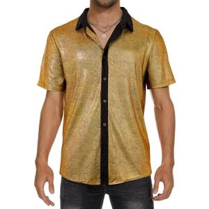 Zando Men's Sequin 70s 80s Disco Shirt - Retro Short Sleeve Button Up Costume Halloween New Year Party Outfit Top & Clubwear (Large)