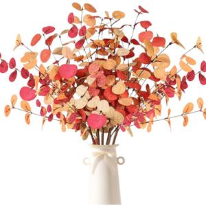 ASTRYAS 6Pcs Fall Artificial Eucalyptus Stems Long Silver Dollar Leaves Fake Silk Eucalyptus Leaf Branches for Indoor Home Autumn Festival Thanksgiving Decor