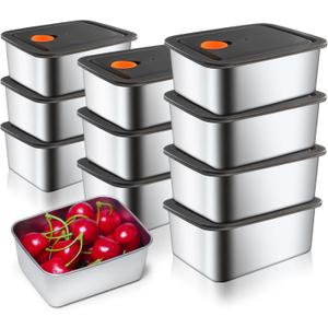 10 Pack Stainless Steel Food Storage Containers with Leak-Proof Lids, 16oz Reusable Metal Meal Prep Snack Box, Stackable Lunch Container, BPA-Free, Dishwasher Safe for Adults & Families