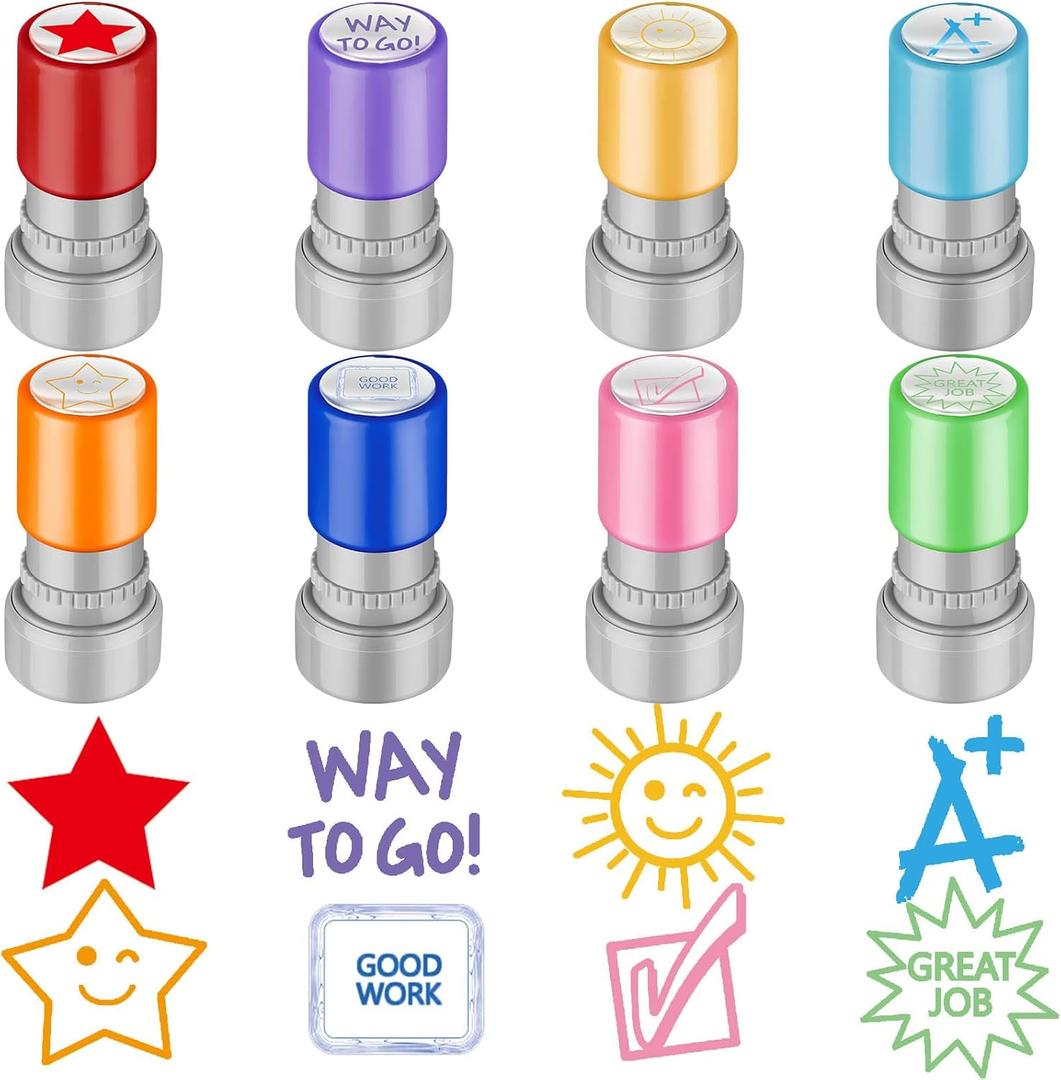 Leinuosen 8 Packs Teacher Stamps Self Inking Grading Motivational Encouraging Stamp for Teachers Appreciation Gift Classroom Homework Test Students Behavior Reward Signature 