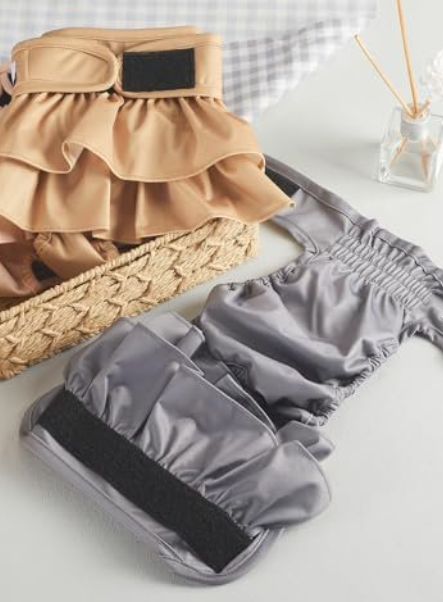 Reusable Dog Diapers Female Medium Washable, Premium Doggie Diaper for Dogs, Pack of 2, Highly Absorbent Dog Diaper for Heat, Incontinence and Puppy Training, Beige and Gray (M)