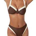 SUUKSESS Women Color Block Underwire Bikini Sets Cheeky High Cut 2 Piece Swimsuit Sweetheart V Neck Push Up Bathing Suit(Beige Brown,XL)