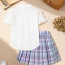 Betusline Girls Skirt Set JK School Uniform 2-Piece Outfit - Short Sleeve Shirt with Bow & Pleated Skirt 4T-14Y