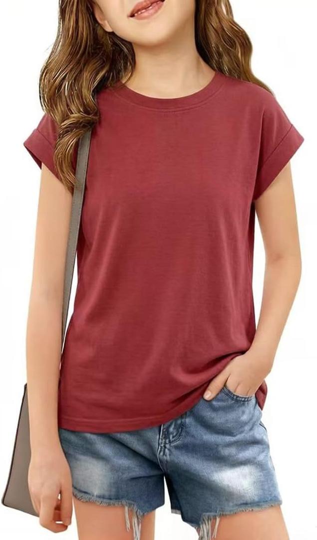 Girls Cap Sleeve T Shirts Kids Summer Crewneck Solid Tops Tees 5-14 Years