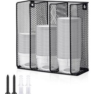 Honeydak Metal Cup and Lid Holder Wall Mount Portion Sauce Lid Organizer Holder 3 Compartments Fits 2 to 5.5 oz Cup Dispenser Storage for Kitchen Counter Restaurant Coffee Bar Stations, Black