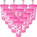 Domensi 12 Pcs Pink Soccer Plastic Tumbler with Lid and Straw 24oz Reusable Plastic Cups with Straw Cover Caps Soccer Party Favors Gifts for Fan Friend Guest Birthday Office Sport Party Supplies