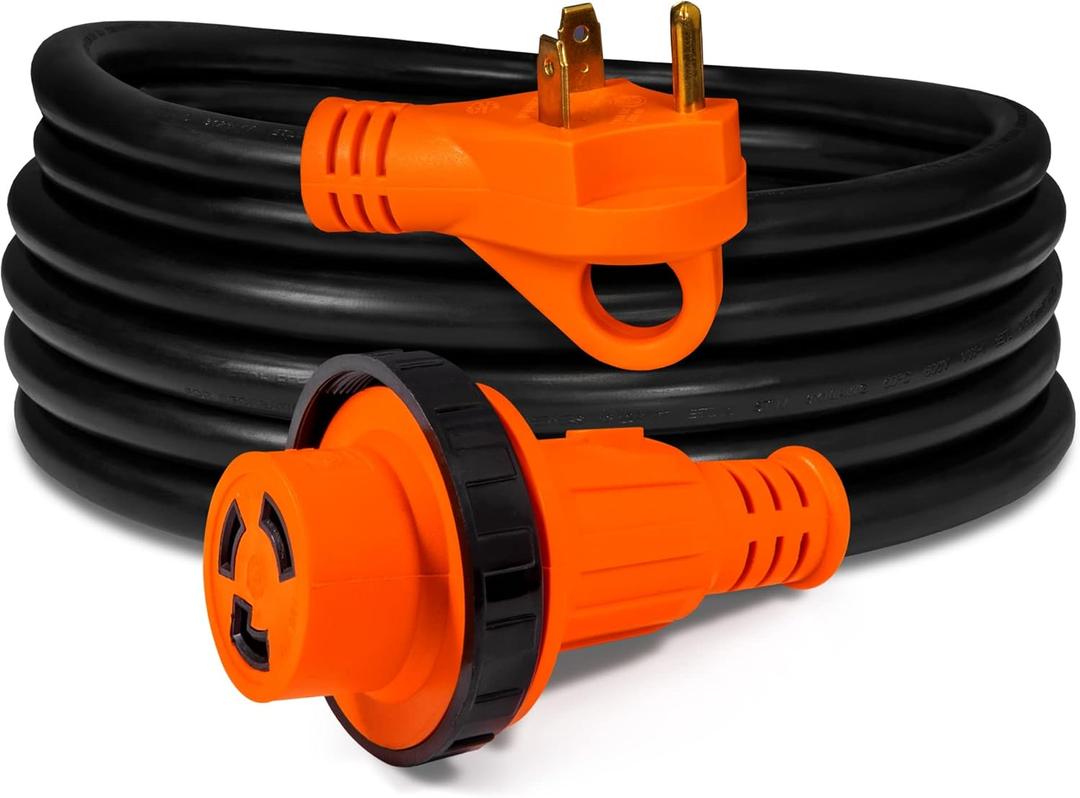True Mods 15 ft 125V 30 Amp RV Shore Power Extension Cord [NEMA TT-30P L5-30R] [Screw-In Twist Lock] [LED Light] [ETL] 30A 10 AWG 3 Prong Copper Wire Locking Electrical Cable for Travel Trailer Camper